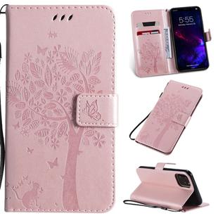 For iPhone 11 Tree & Cat Pattern Pressed Printing Horizontal Flip PU Leather Case with Holder & Card Slots & Wallet & Lanyard (Rose Gold)