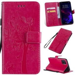 For iPhone 11 Tree & Cat Pattern Pressed Printing Horizontal Flip PU Leather Case with Holder & Card Slots & Wallet & Lanyard (Rose Red)