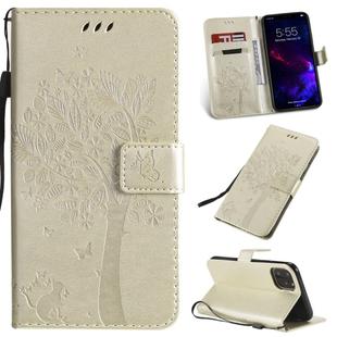 For iPhone 11 Tree & Cat Pattern Pressed Printing Horizontal Flip PU Leather Case with Holder & Card Slots & Wallet & Lanyard (Gold)