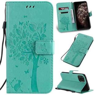 For iPhone 11 Pro Max Tree & Cat Pattern Pressed Printing Horizontal Flip PU Leather Case with Holder & Card Slots & Wallet & Lanyard (Green)
