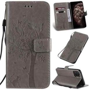 For iPhone 11 Pro Max Tree & Cat Pattern Pressed Printing Horizontal Flip PU Leather Case with Holder & Card Slots & Wallet & Lanyard (Grey)