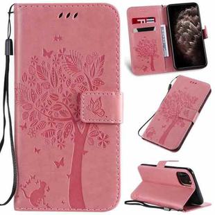 For iPhone 11 Pro Max Tree & Cat Pattern Pressed Printing Horizontal Flip PU Leather Case with Holder & Card Slots & Wallet & Lanyard (Pink)