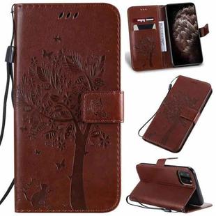 For iPhone 11 Pro Max Tree & Cat Pattern Pressed Printing Horizontal Flip PU Leather Case with Holder & Card Slots & Wallet & Lanyard (Brown)