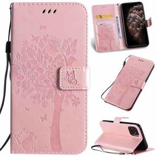 For iPhone 11 Pro Max Tree & Cat Pattern Pressed Printing Horizontal Flip PU Leather Case with Holder & Card Slots & Wallet & Lanyard (Rose Gold)
