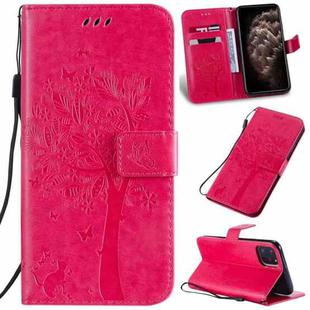 For iPhone 11 Pro Max Tree & Cat Pattern Pressed Printing Horizontal Flip PU Leather Case with Holder & Card Slots & Wallet & Lanyard (Rose Red)