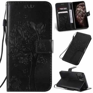 For iPhone 11 Pro Max Tree & Cat Pattern Pressed Printing Horizontal Flip PU Leather Case with Holder & Card Slots & Wallet & Lanyard (Black)