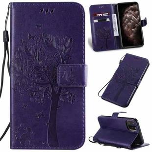 For iPhone 11 Pro Max Tree & Cat Pattern Pressed Printing Horizontal Flip PU Leather Case with Holder & Card Slots & Wallet & Lanyard (Purple)