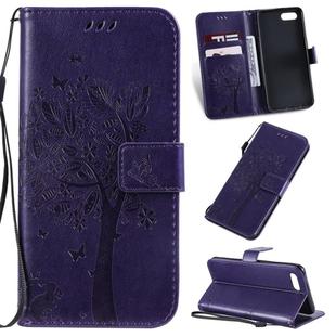 Tree & Cat Pattern Pressed Printing Horizontal Flip PU Leather Case with Holder & Card Slots & Wallet & Lanyard For OPPO A1K / C2(Purple)