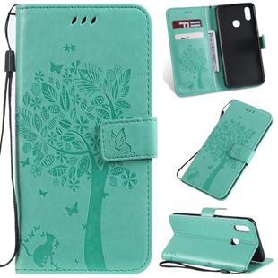 Tree & Cat Pattern Pressed Printing Horizontal Flip PU Leather Case with Holder & Card Slots & Wallet & Lanyard For Vivo Y93 / Y91 / Y95(Green)