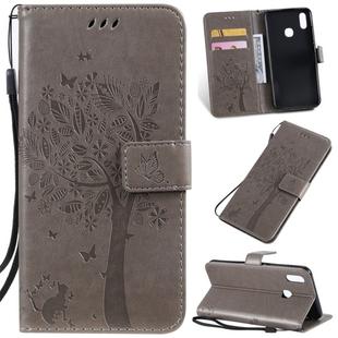 Tree & Cat Pattern Pressed Printing Horizontal Flip PU Leather Case with Holder & Card Slots & Wallet & Lanyard For Vivo Y93 / Y91 / Y95(Grey)