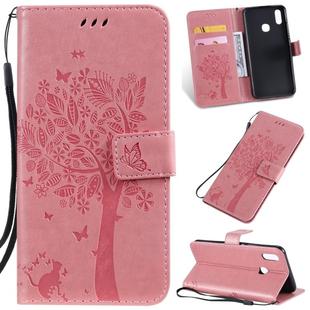 Tree & Cat Pattern Pressed Printing Horizontal Flip PU Leather Case with Holder & Card Slots & Wallet & Lanyard For Vivo Y93 / Y91 / Y95(Pink)