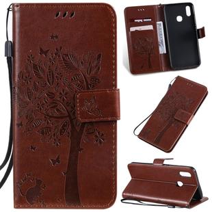 Tree & Cat Pattern Pressed Printing Horizontal Flip PU Leather Case with Holder & Card Slots & Wallet & Lanyard For Vivo Y93 / Y91 / Y95(Brown)