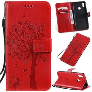 Tree & Cat Pattern Pressed Printing Horizontal Flip PU Leather Case with Holder & Card Slots & Wallet & Lanyard For Vivo Y93 / Y91 / Y95(Red)