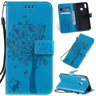 Tree & Cat Pattern Pressed Printing Horizontal Flip PU Leather Case with Holder & Card Slots & Wallet & Lanyard For Vivo Y93 / Y91 / Y95(Blue)