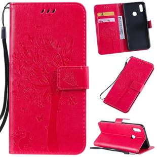 Tree & Cat Pattern Pressed Printing Horizontal Flip PU Leather Case with Holder & Card Slots & Wallet & Lanyard For Vivo Y93 / Y91 / Y95(Rose Red)