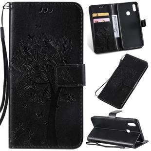 Tree & Cat Pattern Pressed Printing Horizontal Flip PU Leather Case with Holder & Card Slots & Wallet & Lanyard For Vivo Y93 / Y91 / Y95(Black)