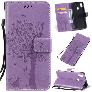 Tree & Cat Pattern Pressed Printing Horizontal Flip PU Leather Case with Holder & Card Slots & Wallet & Lanyard For Vivo Y93 / Y91 / Y95(Light Purple)