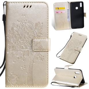 Tree & Cat Pattern Pressed Printing Horizontal Flip PU Leather Case with Holder & Card Slots & Wallet & Lanyard For Vivo Y93 / Y91 / Y95(Gold)