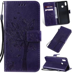 Tree & Cat Pattern Pressed Printing Horizontal Flip PU Leather Case with Holder & Card Slots & Wallet & Lanyard For Vivo Y93 / Y91 / Y95(Purple)
