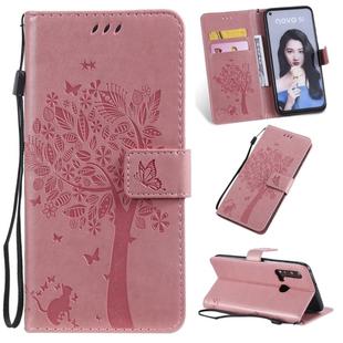 Tree & Cat Pattern Pressed Printing Horizontal Flip PU Leather Case with Holder & Card Slots & Wallet & Lanyard For Huawei P20 Lite 2019 / Nova 5i(Pink)