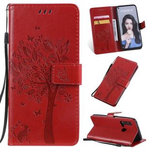 Tree & Cat Pattern Pressed Printing Horizontal Flip PU Leather Case with Holder & Card Slots & Wallet & Lanyard For Huawei P20 Lite 2019 / Nova 5i(Red)