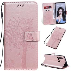 Tree & Cat Pattern Pressed Printing Horizontal Flip PU Leather Case with Holder & Card Slots & Wallet & Lanyard For Huawei P20 Lite 2019 / Nova 5i(Rose Gold)