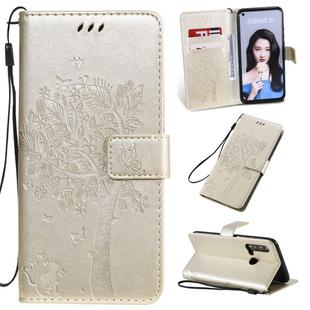 Tree & Cat Pattern Pressed Printing Horizontal Flip PU Leather Case with Holder & Card Slots & Wallet & Lanyard For Huawei P20 Lite 2019 / Nova 5i(Gold)