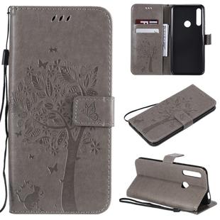 Tree & Cat Pattern Pressed Printing Horizontal Flip PU Leather Case with Holder & Card Slots & Wallet & Lanyard For Huawei P Smart Z / Y9 Prime 2019(Grey)