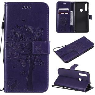 Tree & Cat Pattern Pressed Printing Horizontal Flip PU Leather Case with Holder & Card Slots & Wallet & Lanyard For Huawei P Smart Z / Y9 Prime 2019(Purple)