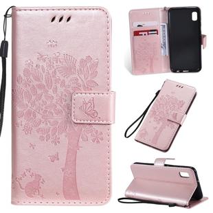 Tree & Cat Pattern Pressed Printing Horizontal Flip PU Leather Case with Holder & Card Slots & Wallet & Lanyard For Galaxy A10e(Rose Gold)
