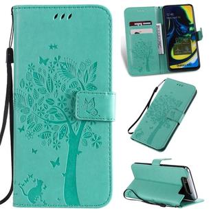 Tree & Cat Pattern Pressed Printing Horizontal Flip PU Leather Case with Holder & Card Slots & Wallet & Lanyard For Galaxy A80(Green)