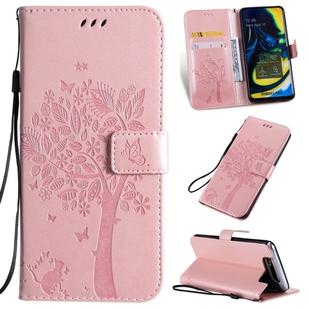 Tree & Cat Pattern Pressed Printing Horizontal Flip PU Leather Case with Holder & Card Slots & Wallet & Lanyard For Galaxy A80(Rose Gold)