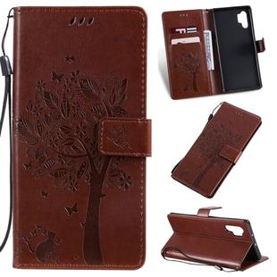 Tree & Cat Pattern Pressed Printing Horizontal Flip PU Leather Case with Holder & Card Slots & Wallet & Lanyard For Galaxy Note 10+ / 10 Pro(Brown)