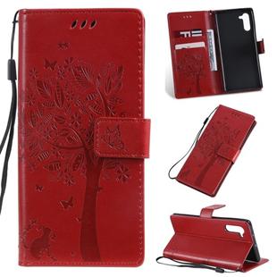 Tree & Cat Pattern Pressed Printing Horizontal Flip PU Leather Case with Holder & Card Slots & Wallet & Lanyard For Galaxy  Note10(Red)