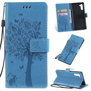Tree & Cat Pattern Pressed Printing Horizontal Flip PU Leather Case with Holder & Card Slots & Wallet & Lanyard For Galaxy  Note10(Blue)