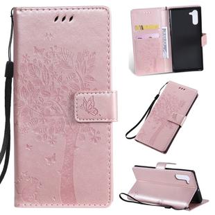 Tree & Cat Pattern Pressed Printing Horizontal Flip PU Leather Case with Holder & Card Slots & Wallet & Lanyard For Galaxy  Note10(Rose Gold)
