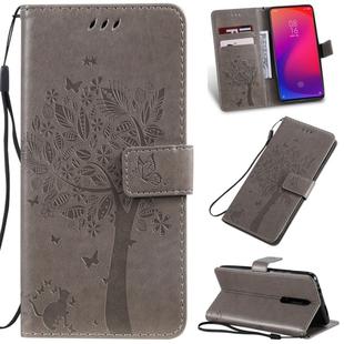 Tree & Cat Pattern Pressed Printing Horizontal Flip PU Leather Case with Holder & Card Slots & Wallet & Lanyard For Xiaomi Mi 9T & Mi 9T Pro & Redmi K20 & K20 Pro(Grey)