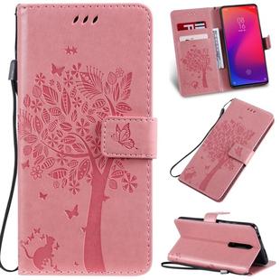 Tree & Cat Pattern Pressed Printing Horizontal Flip PU Leather Case with Holder & Card Slots & Wallet & Lanyard For Xiaomi Mi 9T & Mi 9T Pro & Redmi K20 & K20 Pro(Pink)