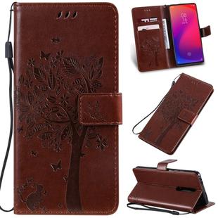 Tree & Cat Pattern Pressed Printing Horizontal Flip PU Leather Case with Holder & Card Slots & Wallet & Lanyard For Xiaomi Mi 9T & Mi 9T Pro & Redmi K20 & K20 Pro(Brown)