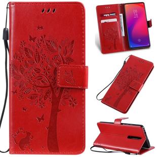 Tree & Cat Pattern Pressed Printing Horizontal Flip PU Leather Case with Holder & Card Slots & Wallet & Lanyard For Xiaomi Mi 9T & Mi 9T Pro & Redmi K20 & K20 Pro(Red)