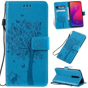 Tree & Cat Pattern Pressed Printing Horizontal Flip PU Leather Case with Holder & Card Slots & Wallet & Lanyard For Xiaomi Mi 9T & Mi 9T Pro & Redmi K20 & K20 Pro(Blue)