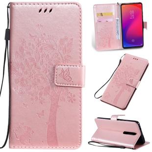 Tree & Cat Pattern Pressed Printing Horizontal Flip PU Leather Case with Holder & Card Slots & Wallet & Lanyard For Xiaomi Mi 9T & Mi 9T Pro & Redmi K20 & K20 Pro(Rose Gold)