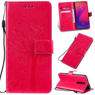 Tree & Cat Pattern Pressed Printing Horizontal Flip PU Leather Case with Holder & Card Slots & Wallet & Lanyard For Xiaomi Mi 9T & Mi 9T Pro & Redmi K20 & K20 Pro(Rose Red)