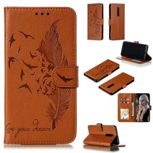 Feather Pattern Litchi Texture Horizontal Flip Leather Case with Wallet & Holder & Card Slots For OnePlus 7 Pro(Brown)