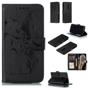 Feather Pattern Litchi Texture Horizontal Flip Leather Case with Wallet & Holder & Card Slots For OnePlus 7 Pro(Black)