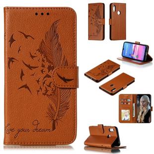 Feather Pattern Litchi Texture Horizontal Flip Leather Case with Wallet & Holder & Card Slots For Huawei Y6 (2019) / Honor Play 8A(Brown)