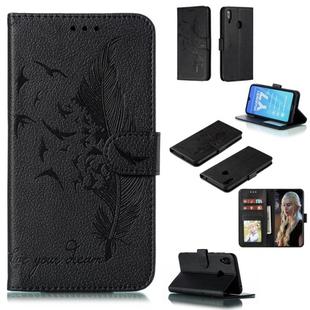 Feather Pattern Litchi Texture Horizontal Flip Leather Case with Wallet & Holder & Card Slots For Huawei Y7 (2019)(Black)