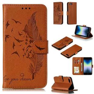 For iPhone SE 2022 / SE 2020 / 8 / 7 Feather Pattern Litchi Texture Horizontal Flip Leather Case with Wallet & Holder & Card Slots(Brown)