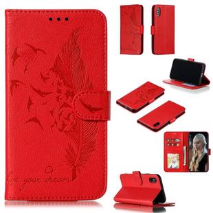 For iPhone X / XS Feather Pattern Litchi Texture Horizontal Flip Leather Case with Wallet & Holder & Card Slots(Red)