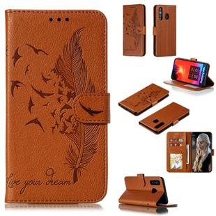 Feather Pattern Litchi Texture Horizontal Flip Leather Case with Wallet & Holder & Card Slots For Galaxy A8s(Brown)